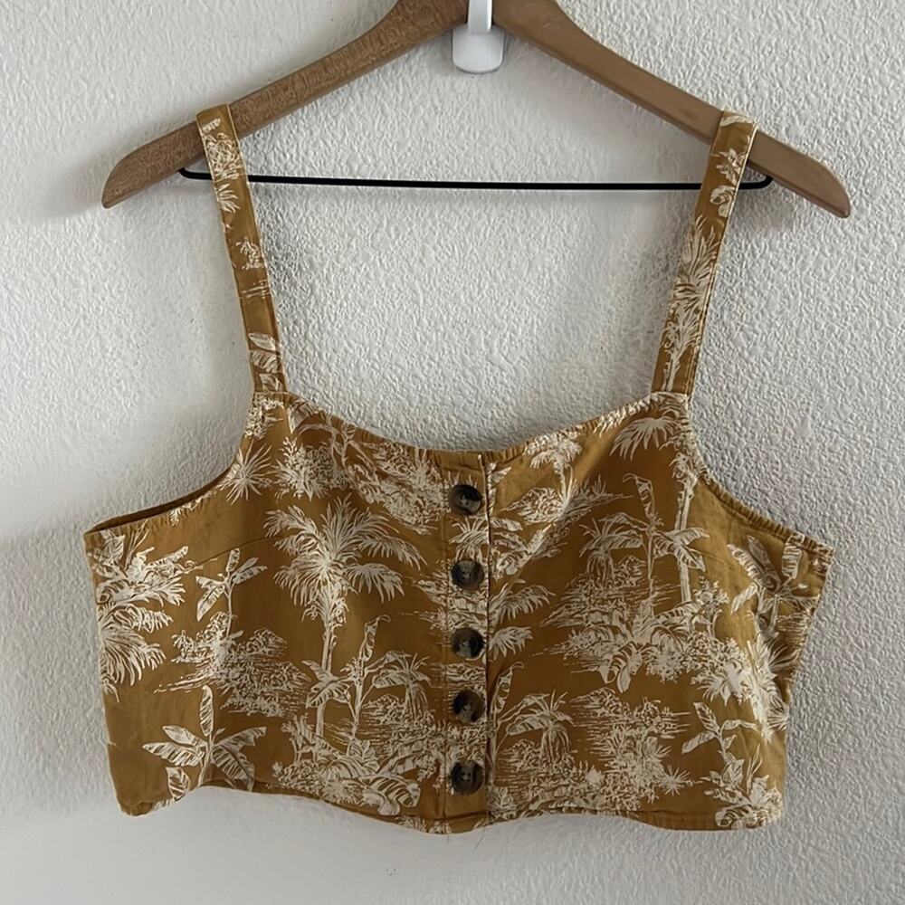American Eagle Cotton Linen Smocked Back Cropped Tank Tropical Scene XL